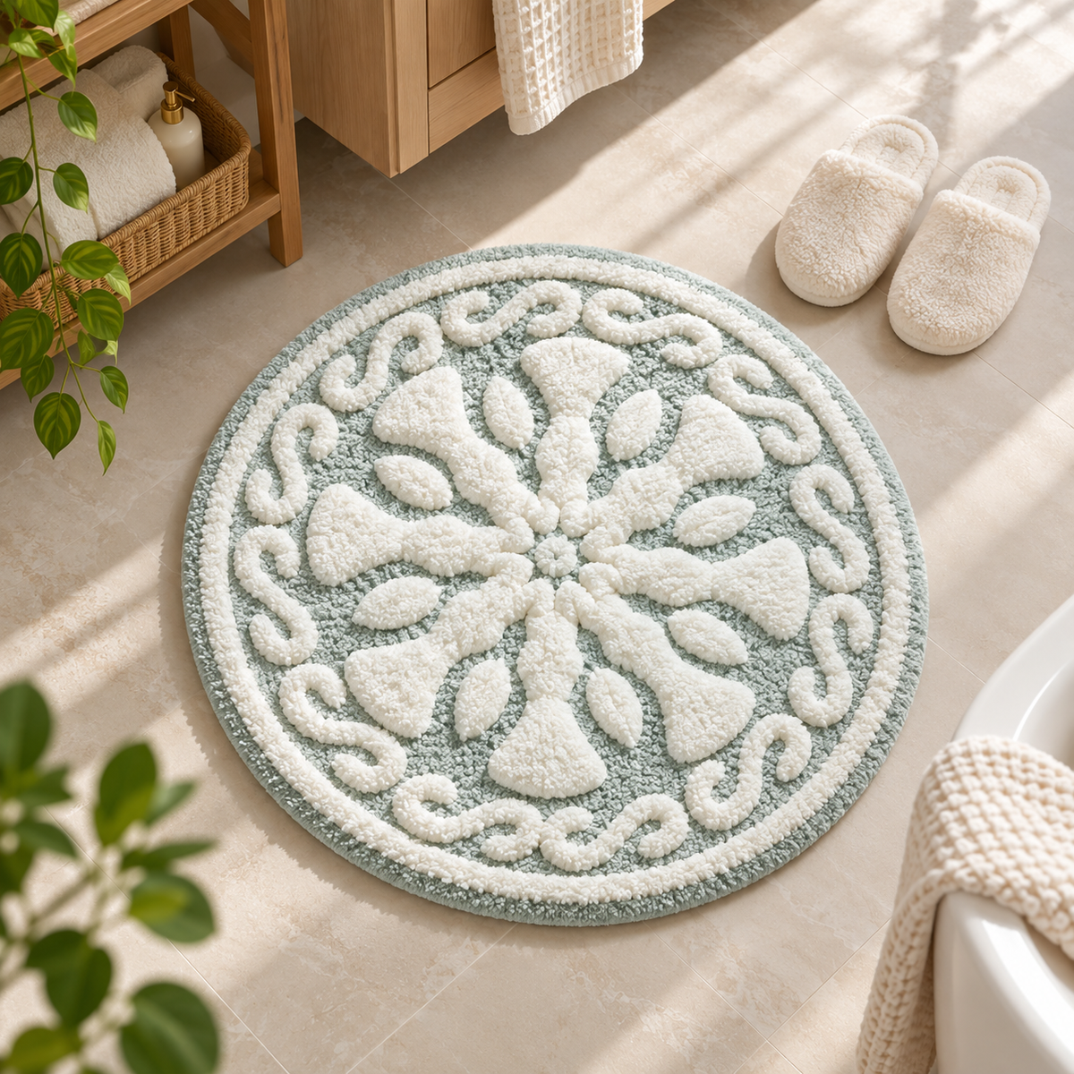 Sage green round bath rug with raised ivory floral center and scroll border on a beige bathroom floor beside white slippers and a wood vanity by HavvakHome.