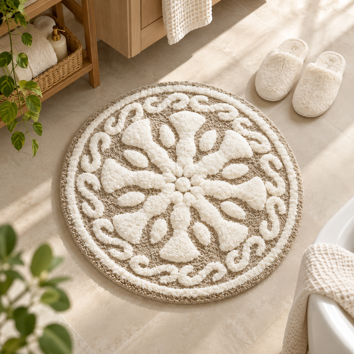 Taupe round bath rug with raised ivory floral center and scroll border on a beige bathroom floor beside white slippers and a wood vanity by HavvakHome.