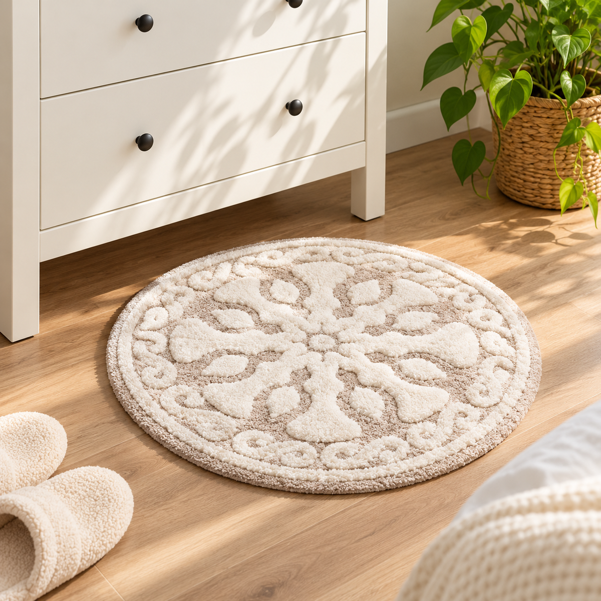 Taupe and ivory round floral bath rug on a wood floor in front of a white dresser beside white slippers and a leafy plant by HavvakHome.