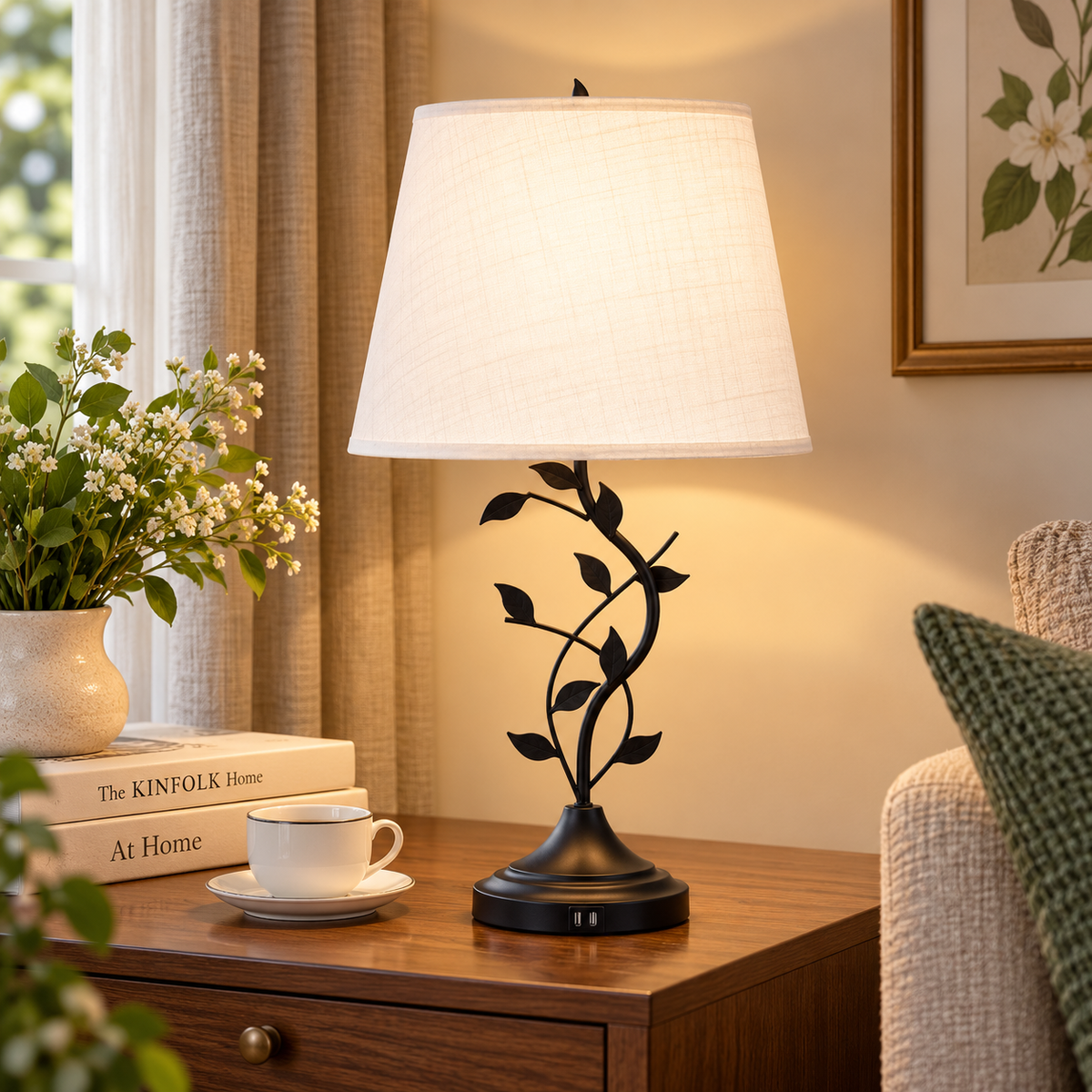 Leaf-vine table lamp with illuminated beige shade on a wood side table beside an armchair with a green cushion, white teacup, books, and flowers by HavvakHome.