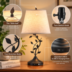 Leaf-vine table lamp detail infographic showing the leaf finial, turn-switch knob, decorative leaf branches, and USB-C plus USB-A charging ports by HavvakHome.