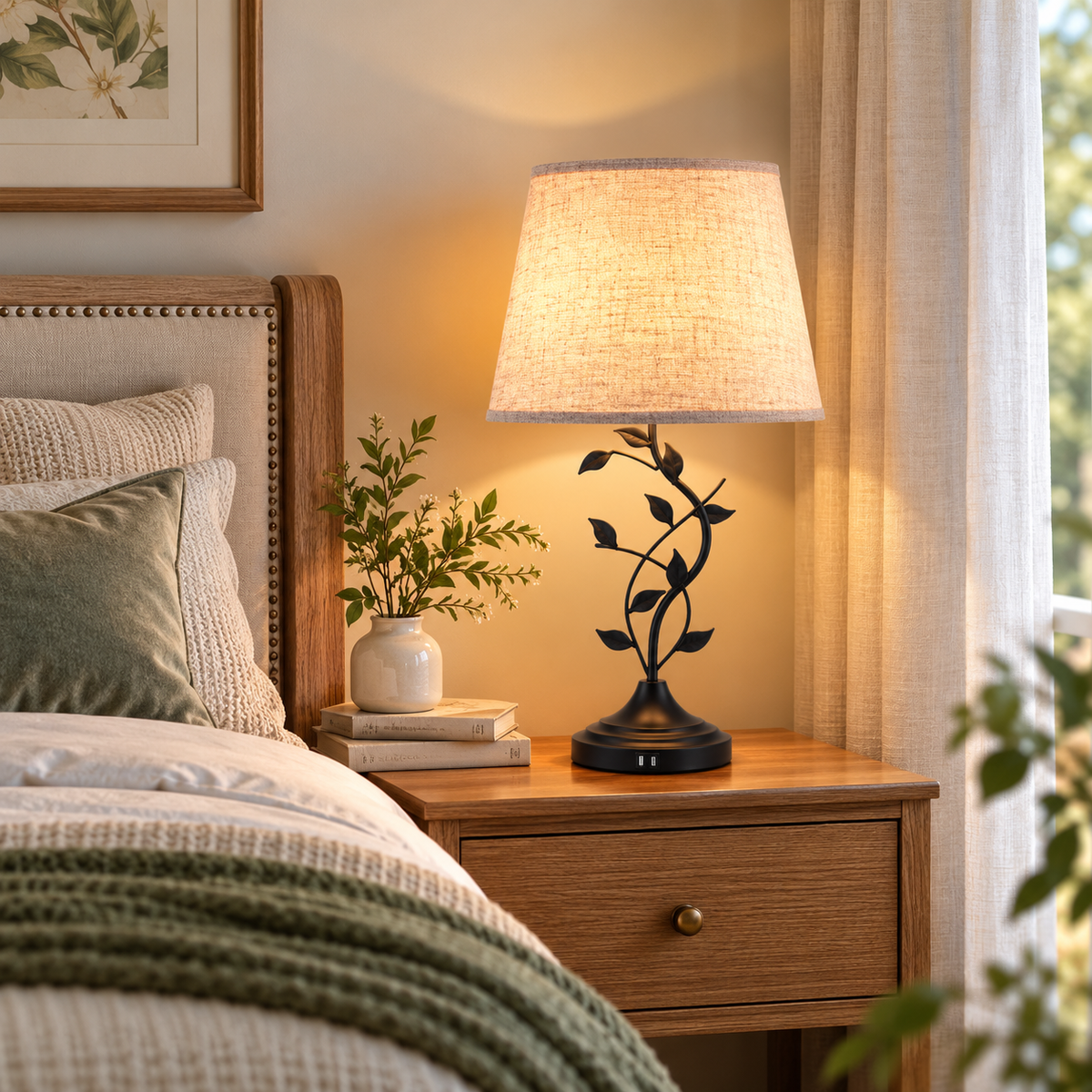 Warm glowing leaf-vine table lamp with beige shade on a wooden nightstand beside a bed with a green throw, small vase, and books by HavvakHome.