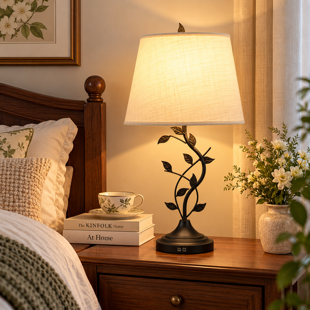 Leaf-vine table lamp with warm glowing beige shade on a wood nightstand beside a wood headboard, floral teacup on books, and a vase of white flowers by HavvakHome.
