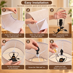 Six-step installation guide showing hands assembling the beige lampshade, securing the bracket and leaf finial, and inserting the bulb into the leaf-vine table lamp by HavvakHome.