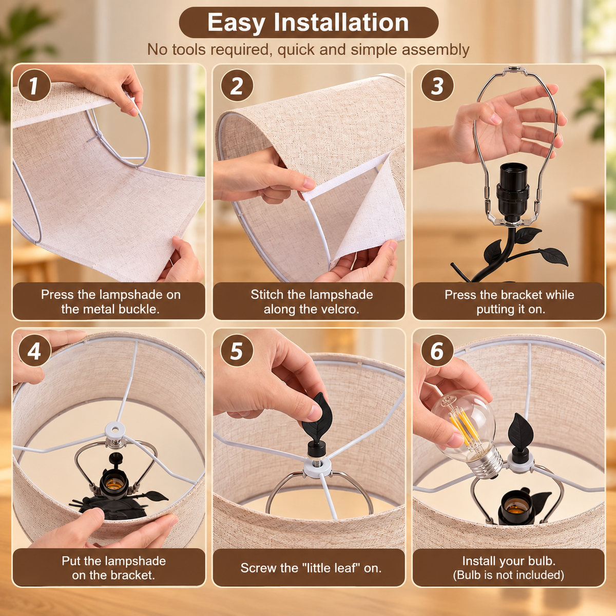 Six-step installation guide showing hands assembling the beige lampshade, securing the bracket and leaf finial, and inserting the bulb into the leaf-vine table lamp by HavvakHome.