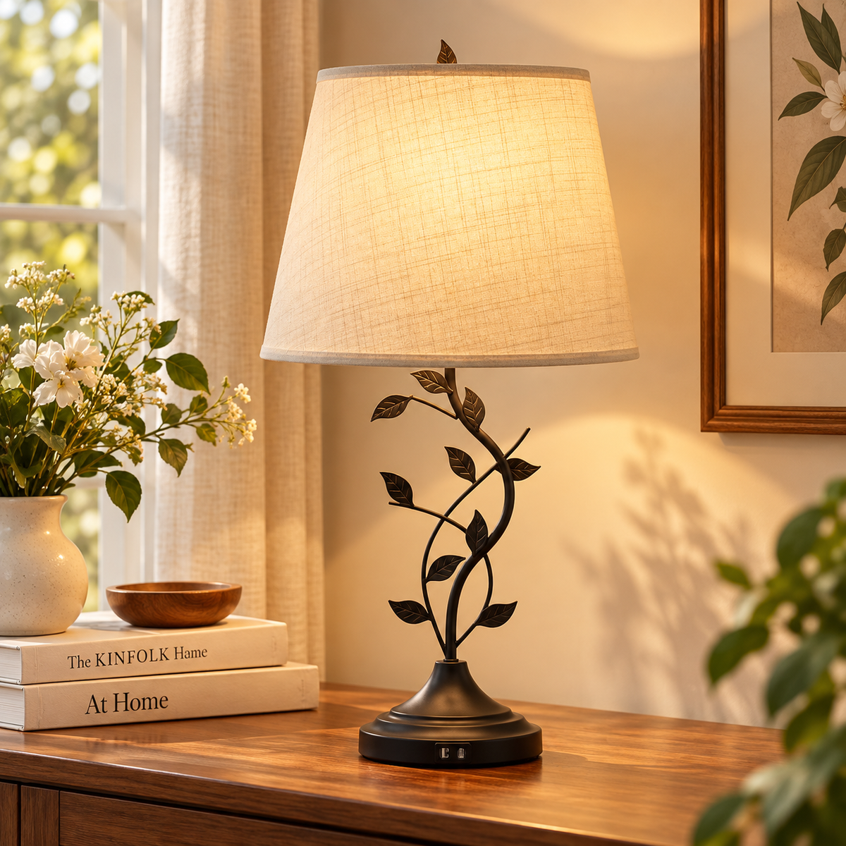 Glowing leaf-vine table lamp with beige tapered shade and dark round base with charging ports on a wooden cabinet beside flowers and books by HavvakHome.