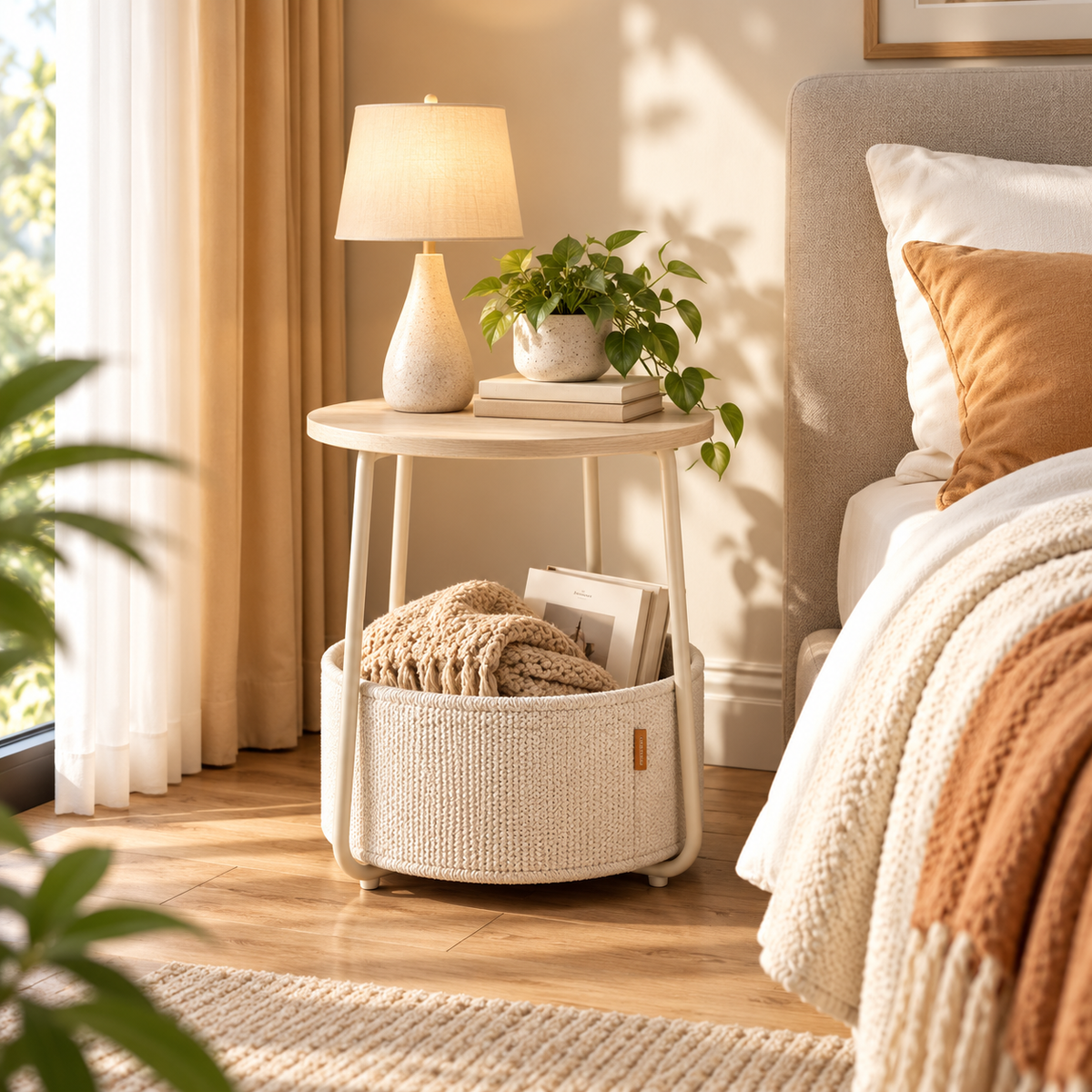 Beige round side table with a cream basket holding a blanket and book set beside a bed, with a lamp, plant, and books on the tabletop by HavvakHome.