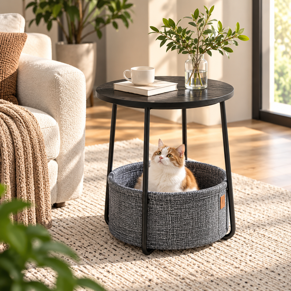 Black round side table with a dark gray basket containing an orange and white cat beside a cream sofa, with a cup, book, and vase on the tabletop by HavvakHome.