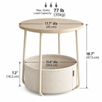White background dimensions and load capacity diagram for HavvakHome beige round table and cream basket, showing arrows for tabletop diameter, table height, basket diameter, and height.