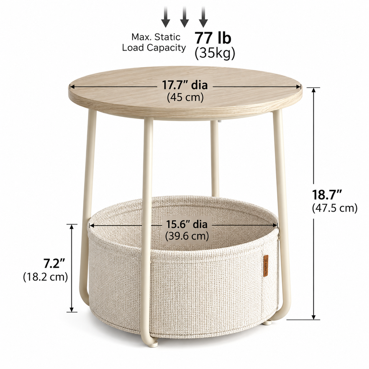 White background dimensions and load capacity diagram for HavvakHome beige round table and cream basket, showing arrows for tabletop diameter, table height, basket diameter, and height.