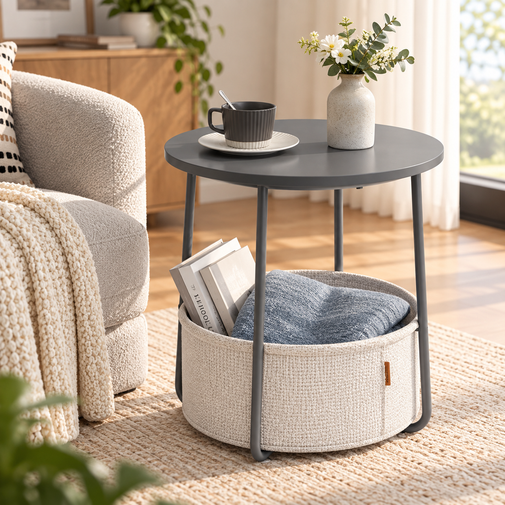 Gray round side table with a cream basket holding books and a gray cushion beside a gray chair, with a mug and flowers on the tabletop by HavvakHome.