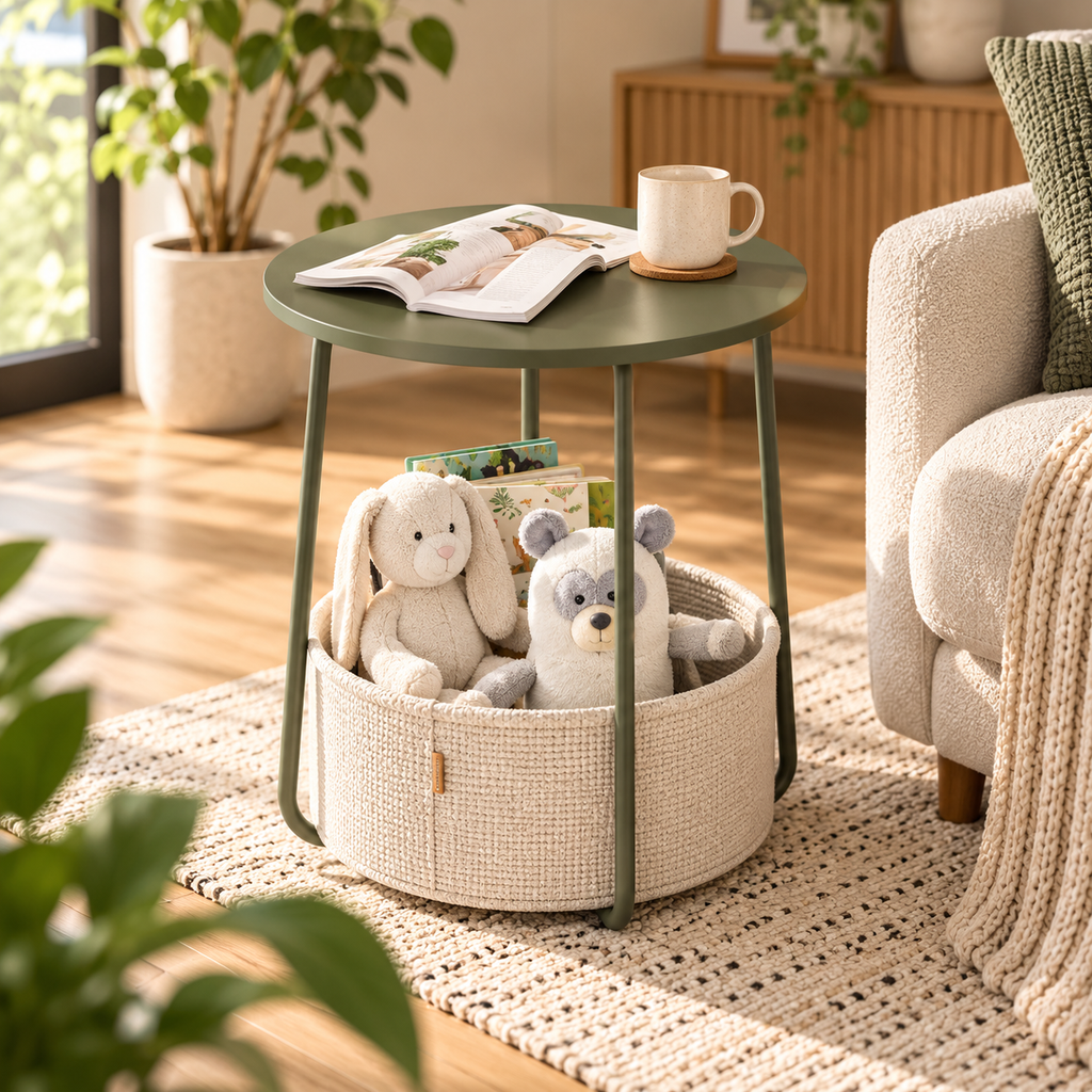 Olive green round side table with a cream basket holding a plush bunny, bear, and books beside a cream chair, with a magazine and mug on top by HavvakHome.