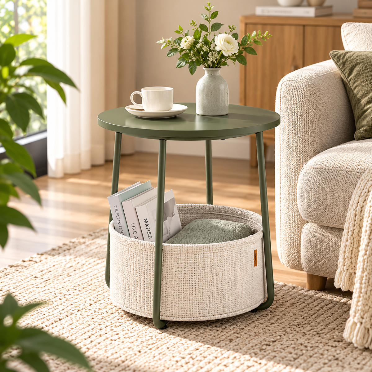 Olive green round side table with a cream basket holding books and a green blanket beside a cream sofa, featuring flowers and a cup on the tabletop by HavvakHome.