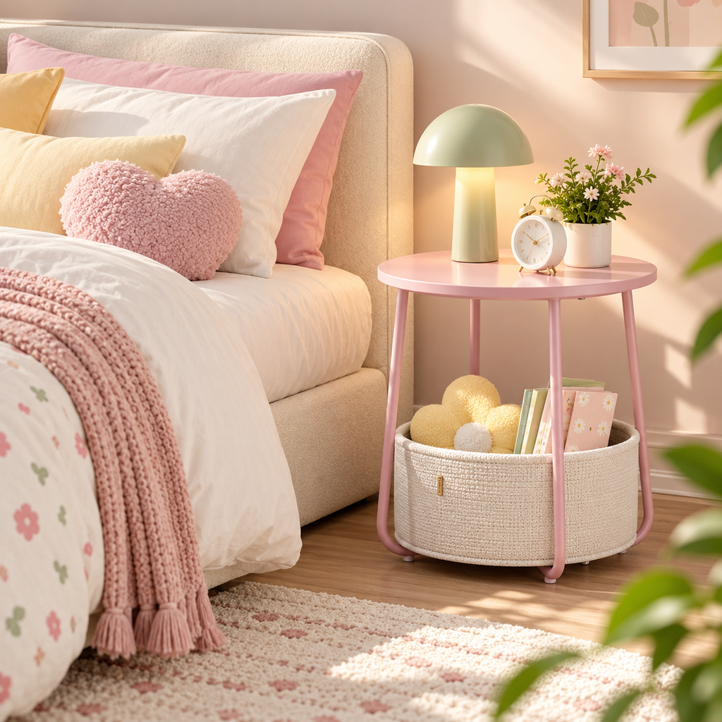 Pink round bedside table with a cream basket holding books and a flower cushion, featuring a green lamp, clock, and flowers on the tabletop beside a bed by HavvakHome.