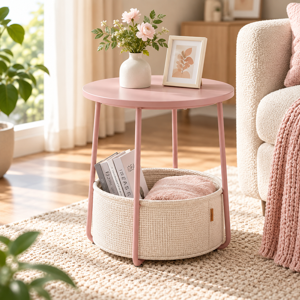 Pink round side table with a cream basket holding books and a pink blanket beside a cream chair, with flowers and framed artwork on the tabletop by HavvakHome.