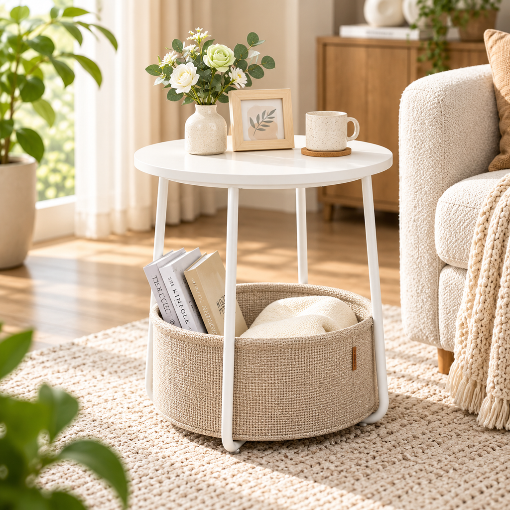 White round side table with a cream basket holding books and a cream cushion beside a cream chair, with flowers, framed artwork, and a mug on top by HavvakHome.