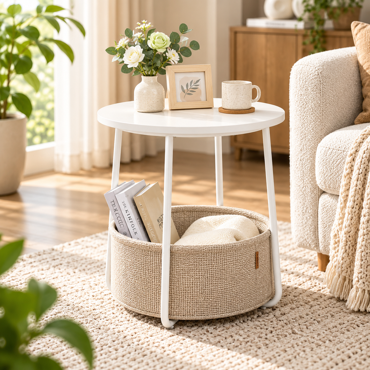 White round side table with a cream basket holding books and a cream cushion beside a cream chair, with flowers, framed artwork, and a mug on top by HavvakHome.