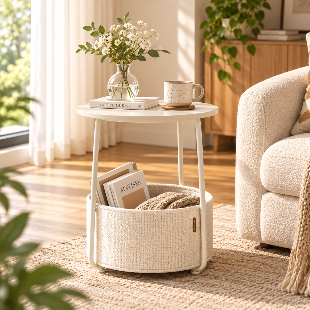 White round side table with a cream storage basket holding books and a blanket set beside a cream sofa, with a vase and mug on the tabletop by HavvakHome.