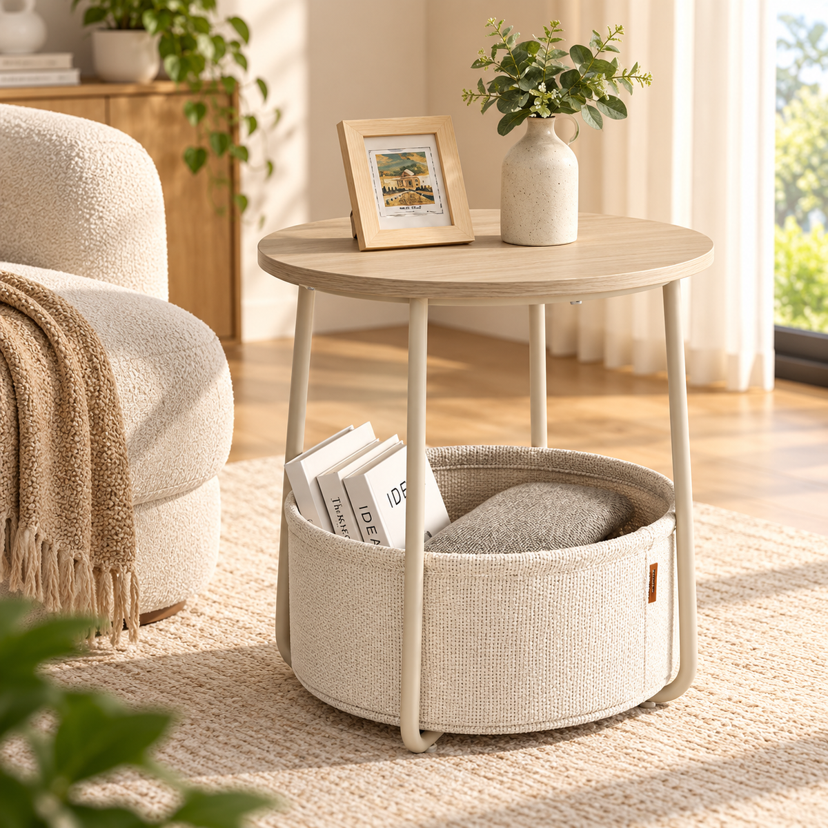 Beige round side table with a wood-look top and cream basket holding books and a gray cushion beside a cream chair, featuring a vase and framed picture on top by HavvakHome.