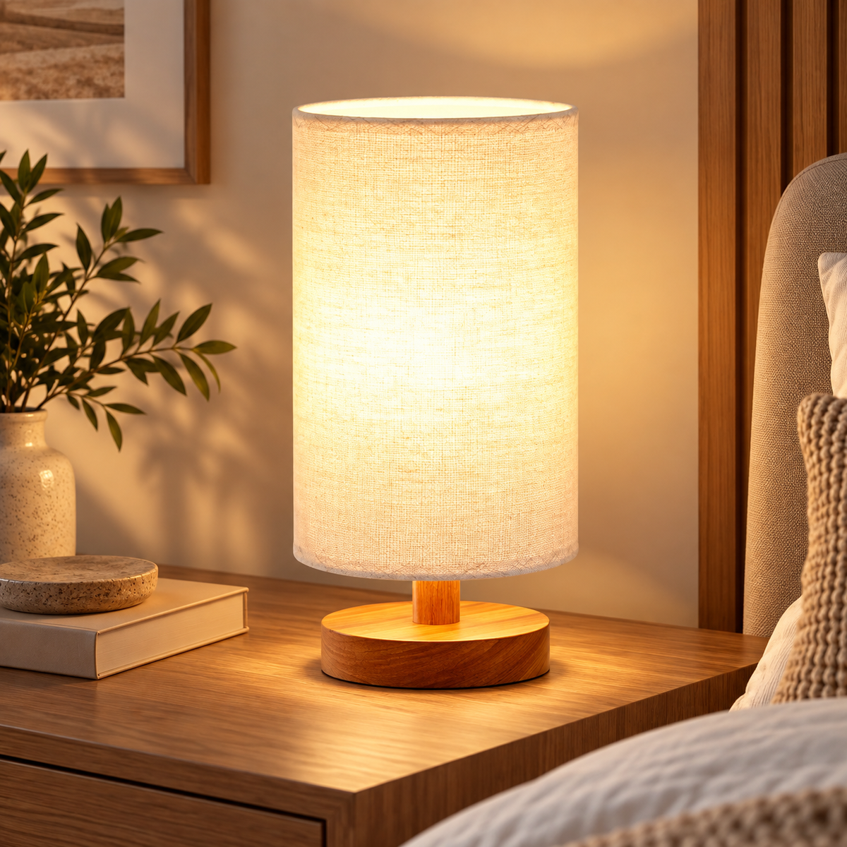 HavvakHome small minimalist table lamp styled on a wooden nightstand in a bright bedroom.