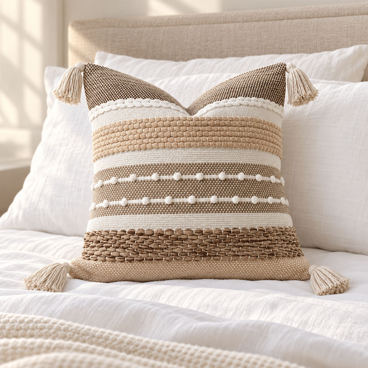 Brown 18x18 inch throw pillow cover with horizontal woven stripes and tassels styled on a white bed.