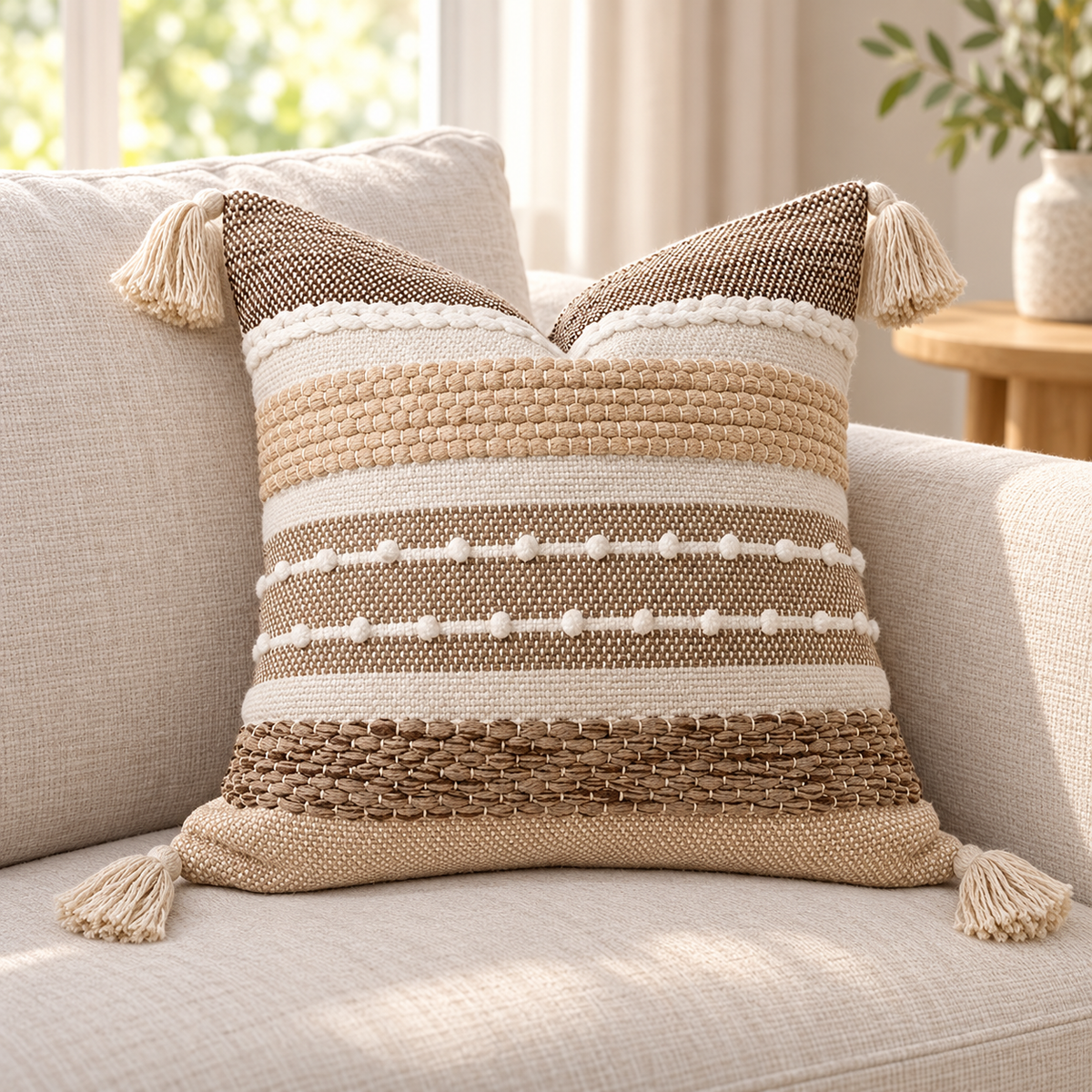 Brown 18x18 inch square throw pillow cover with horizontal textured stripes, raised bobbles, and corner tassels on an oatmeal linen sofa.