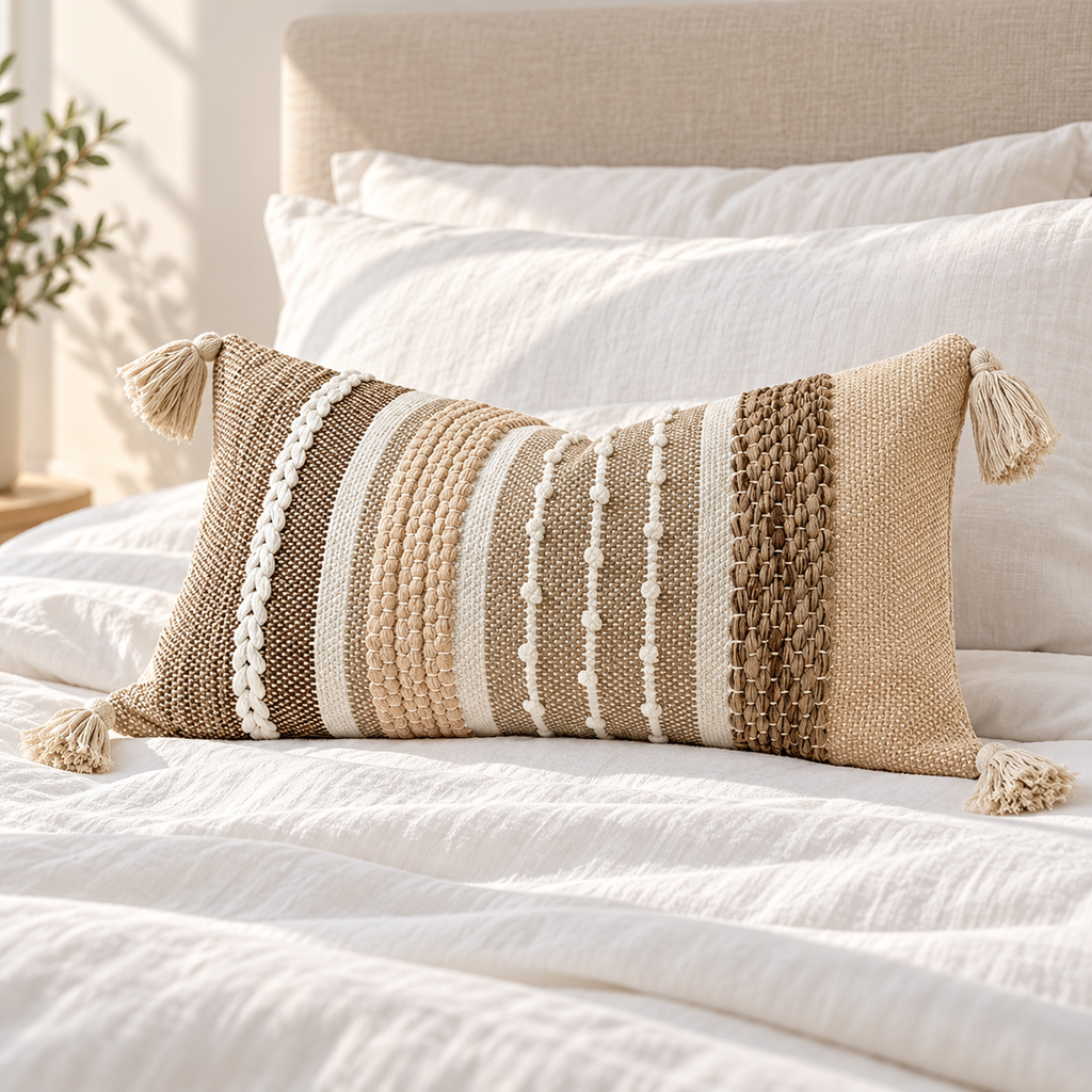 Brown 20x12 inch lumbar pillow cover featuring vertical woven details and tassels arranged on a white bed.