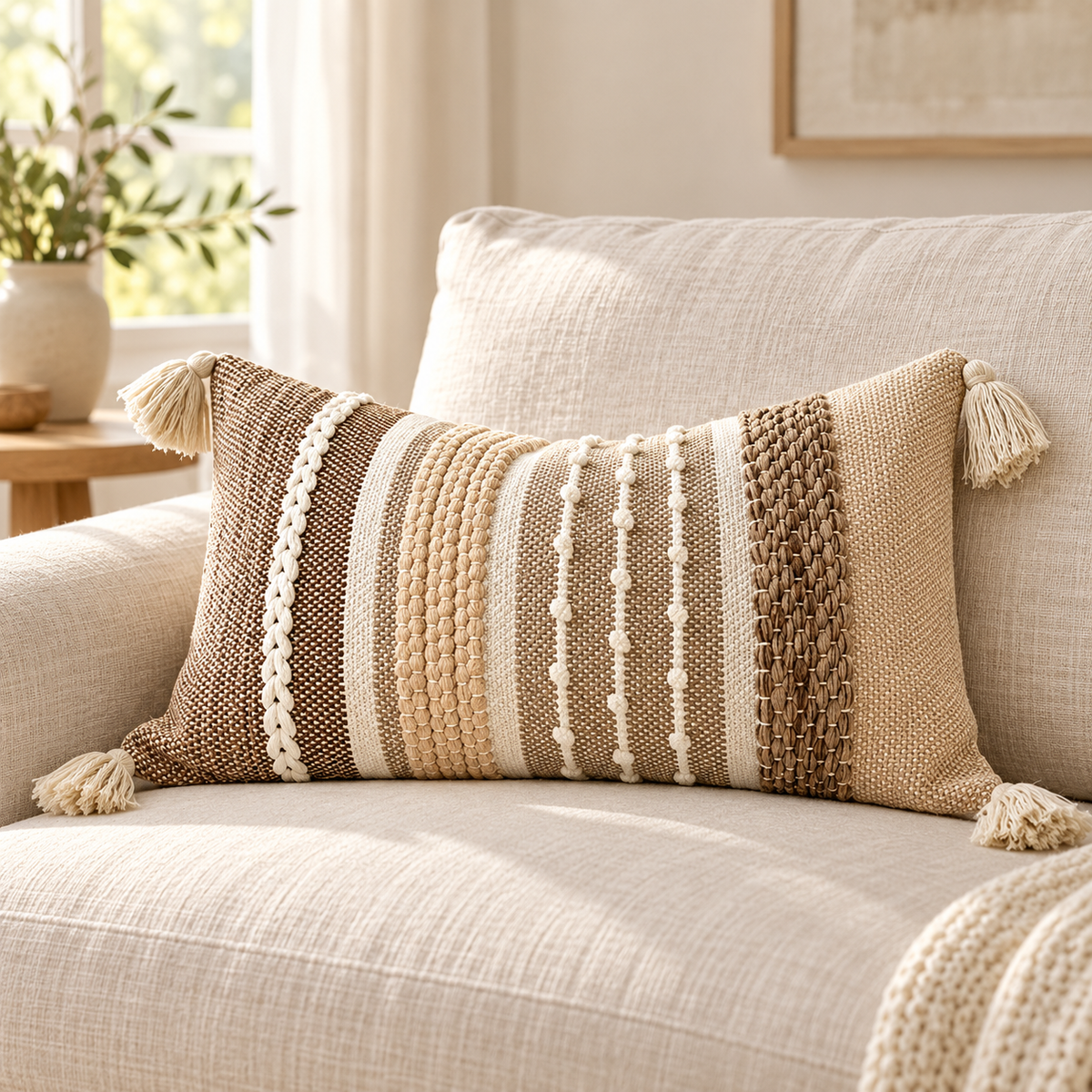 Brown 20x12 inch lumbar pillow cover with vertical textured stripes and corner tassels displayed on an oatmeal linen sofa.