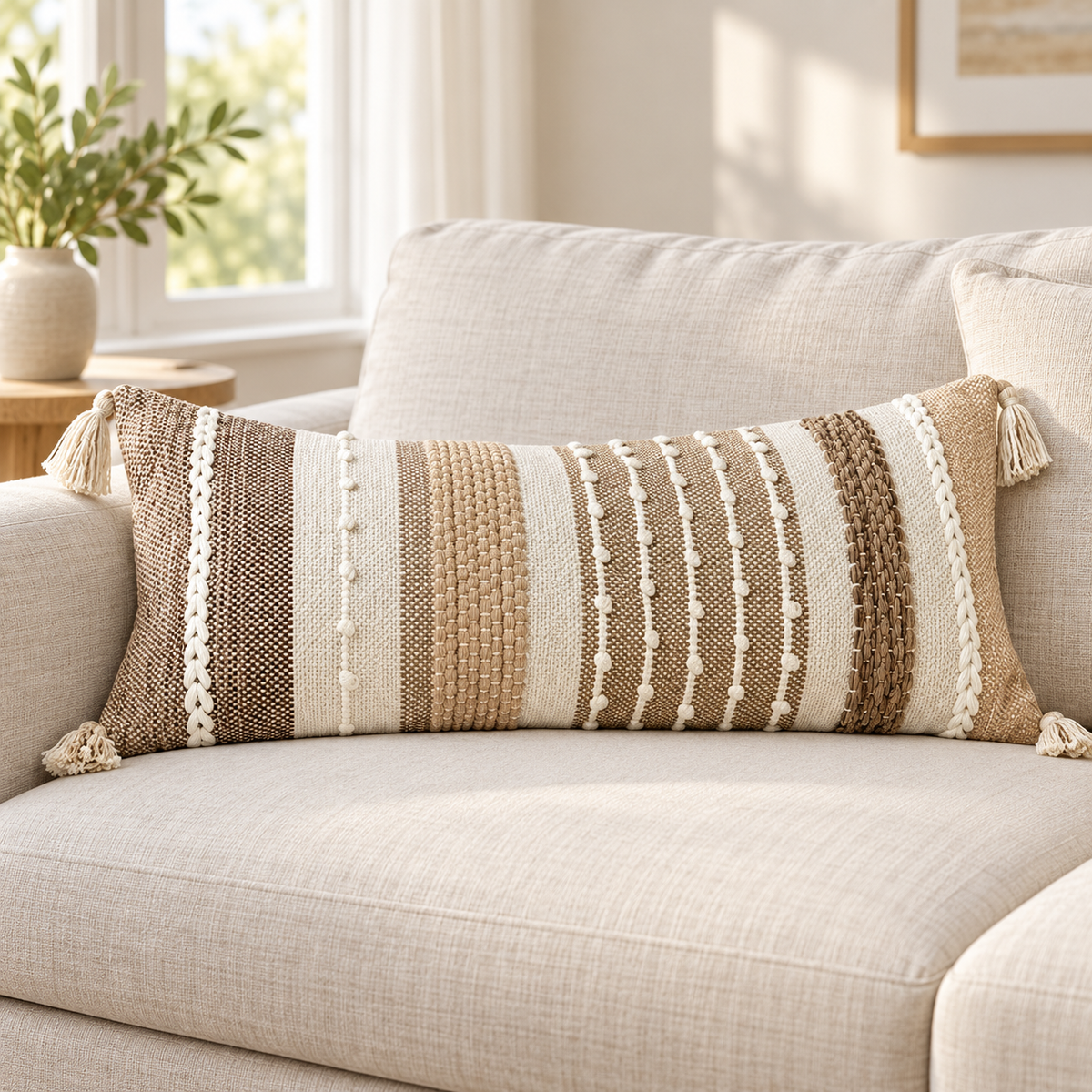 Brown 36x14 inch long lumbar pillow cover featuring vertical textured stripes, raised bobbles, and four corner tassels on an oatmeal linen sofa.