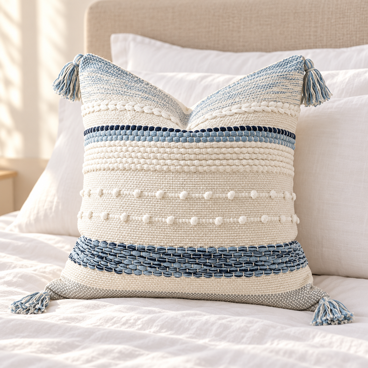 Coastal blue 18x18 inch throw pillow cover with horizontal textured stripes and corner tassels arranged on a white bed against a beige headboard.