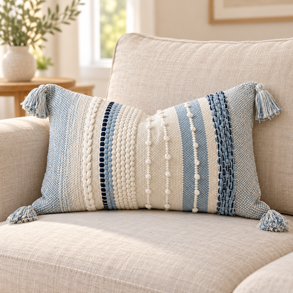 Coastal blue 20x12 inch lumbar pillow cover featuring vertical woven stripes, raised bobbles, and tassels on an oatmeal linen sofa.