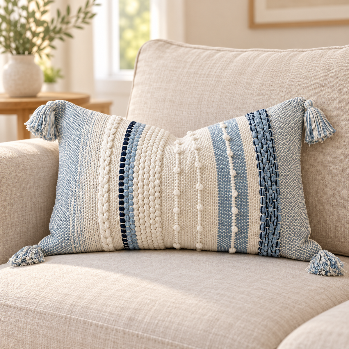 Coastal blue 20x12 inch lumbar pillow cover featuring vertical woven stripes, raised bobbles, and tassels on an oatmeal linen sofa.