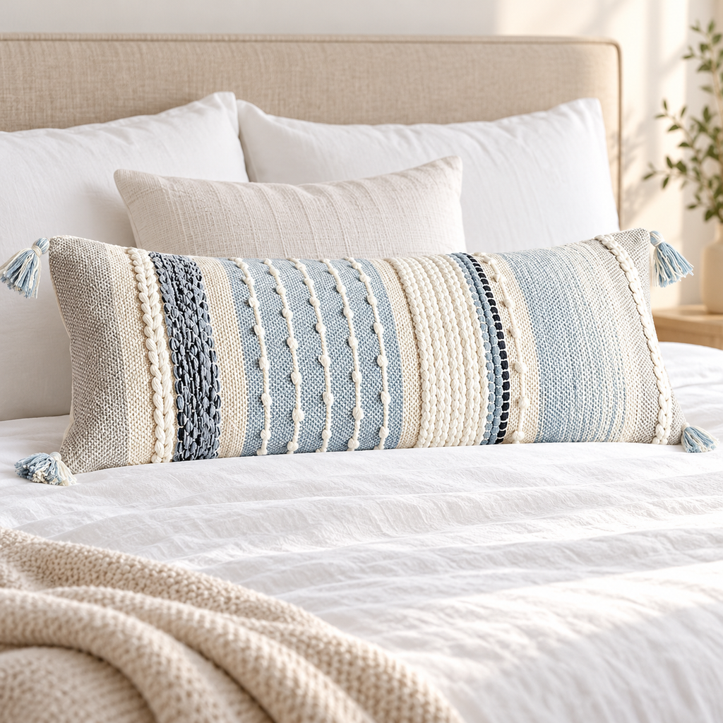 Coastal blue 36x14 inch extra-long lumbar pillow cover showing vertical textured stripes and tassels on a white bed.