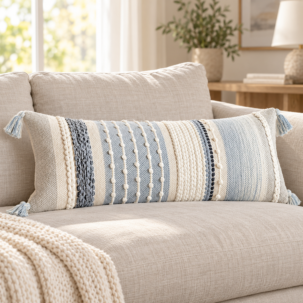 Coastal blue 36x14 inch long lumbar pillow cover with vertical woven stripes, braids, and corner tassels on an oatmeal linen sofa.