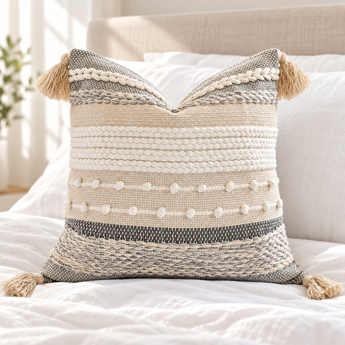 Gray 18x18 inch square pillow cover showing horizontal textured stripes and tassels on a white bed against a beige headboard.