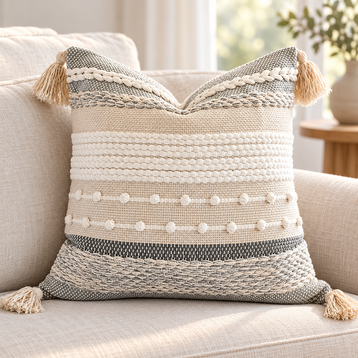 Gray 18x18 inch throw pillow cover with horizontal woven stripes, raised bobbles, and corner tassels on an oatmeal linen sofa.