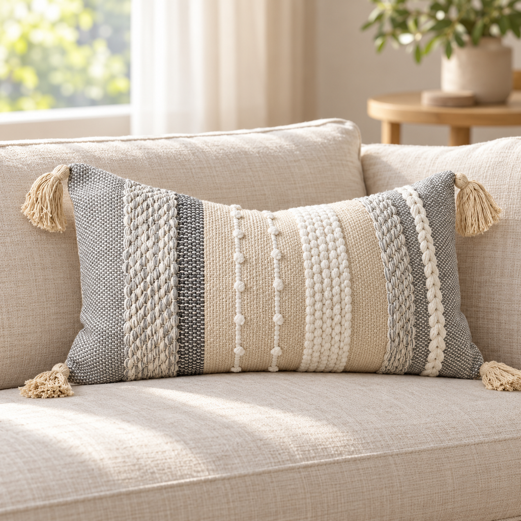 Gray 20x12 inch lumbar pillow cover featuring vertical textured stripes and four corner tassels on an oatmeal linen sofa.