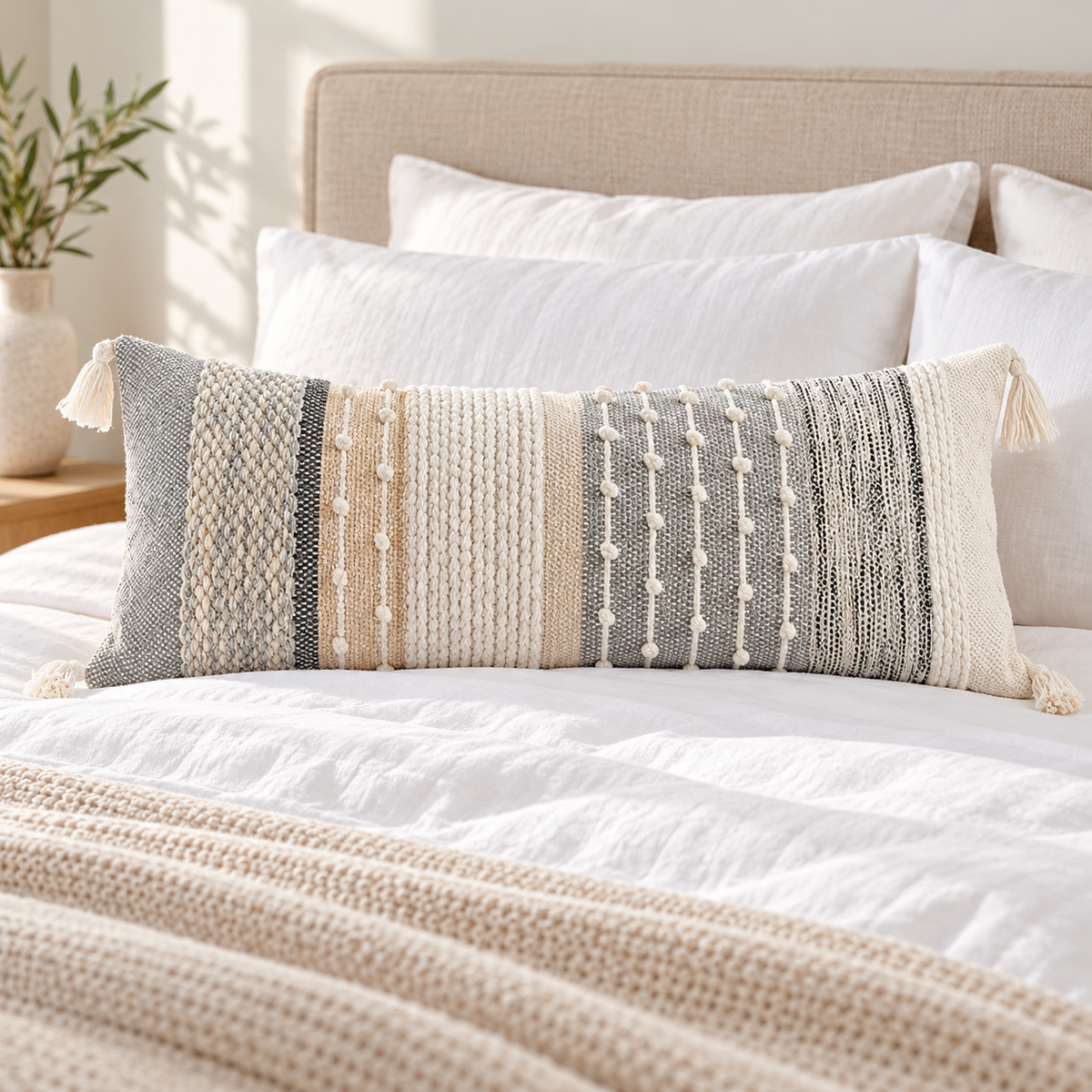 Gray 36x14 inch extra-long lumbar pillow cover with vertical textured details resting on a white bed.