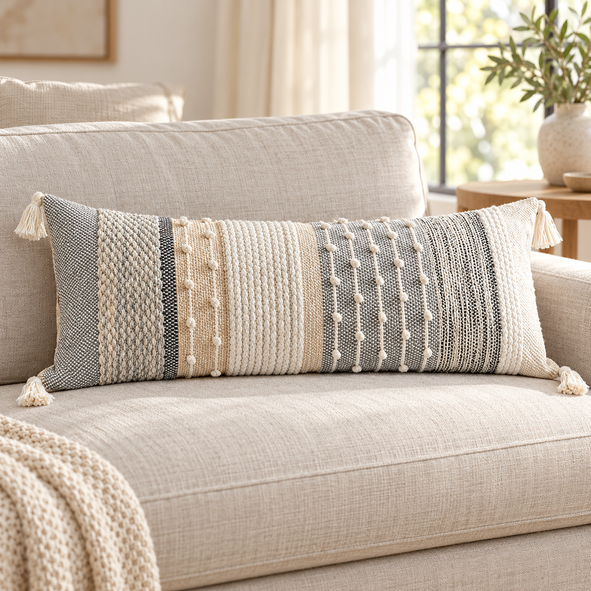 Gray 36x14 inch lumbar pillow cover featuring vertical woven stripes, raised bobbles, and tassels on an oatmeal linen sofa.