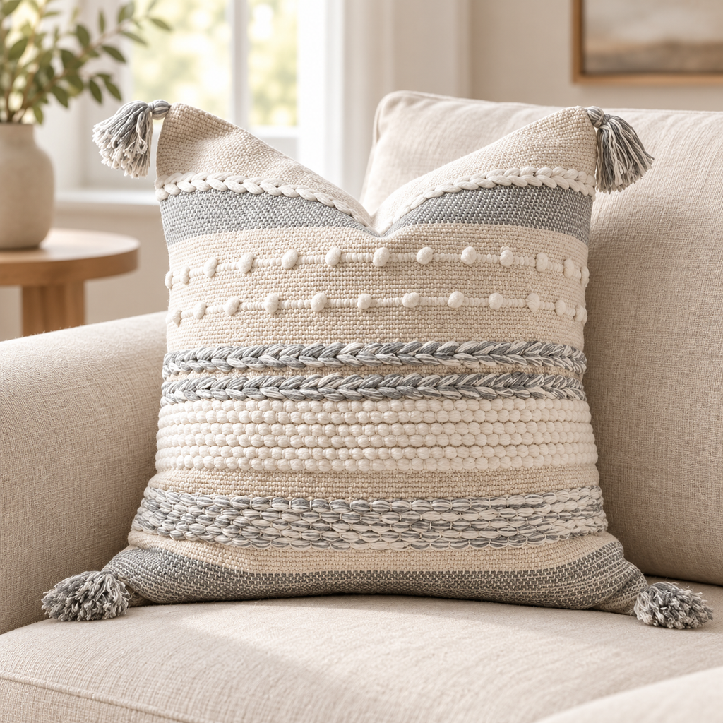 Gray and white 18x18 inch pillow cover featuring horizontal stripes, braids, and four corner tassels on an oatmeal linen sofa.