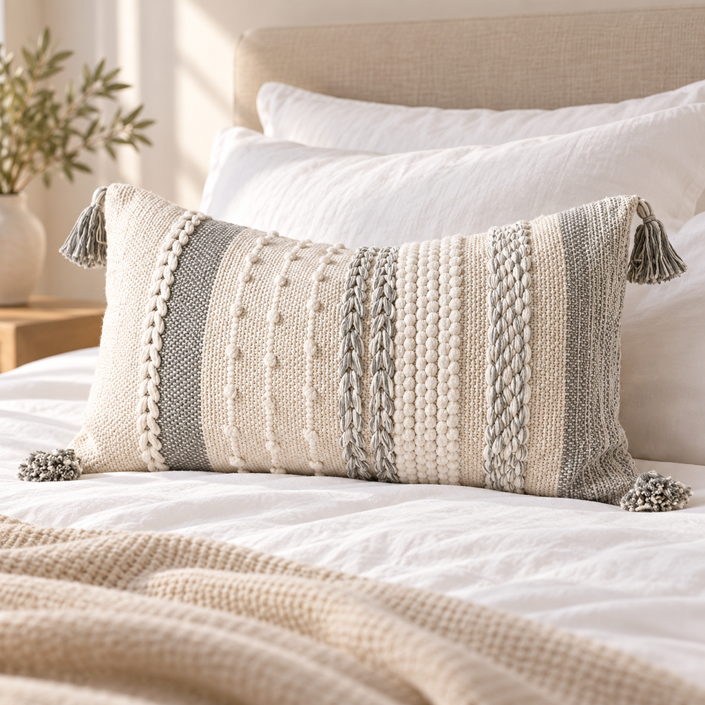 Gray and white 20x12 inch lumbar pillow cover showing vertical woven pattern and tassels styled on a white bed.