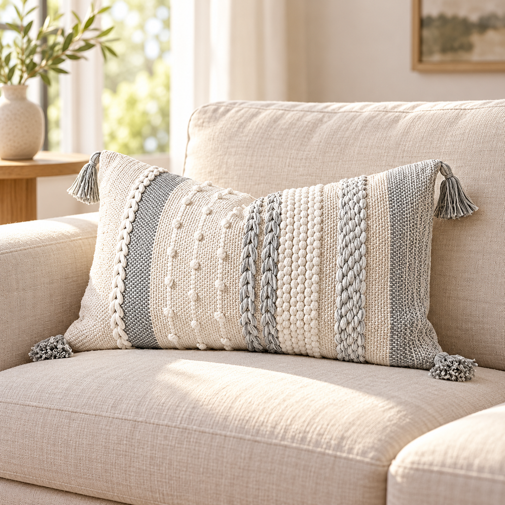 Gray and white 20x12 inch lumbar pillow cover with vertical stripes, raised bobbles, and corner tassels on an oatmeal linen sofa.