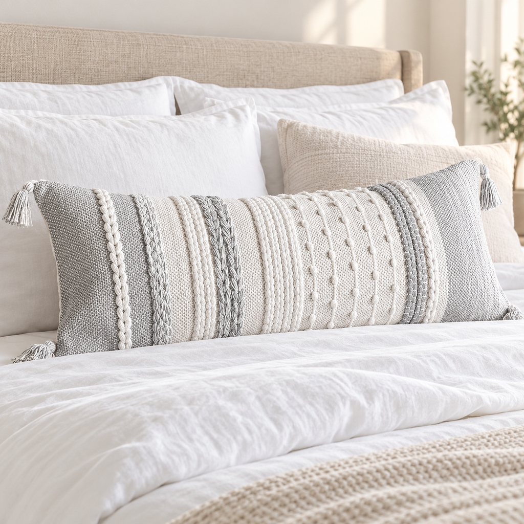 Gray and white 36x14 inch long lumbar pillow cover with vertical woven details styled on a white bed against a beige headboard.