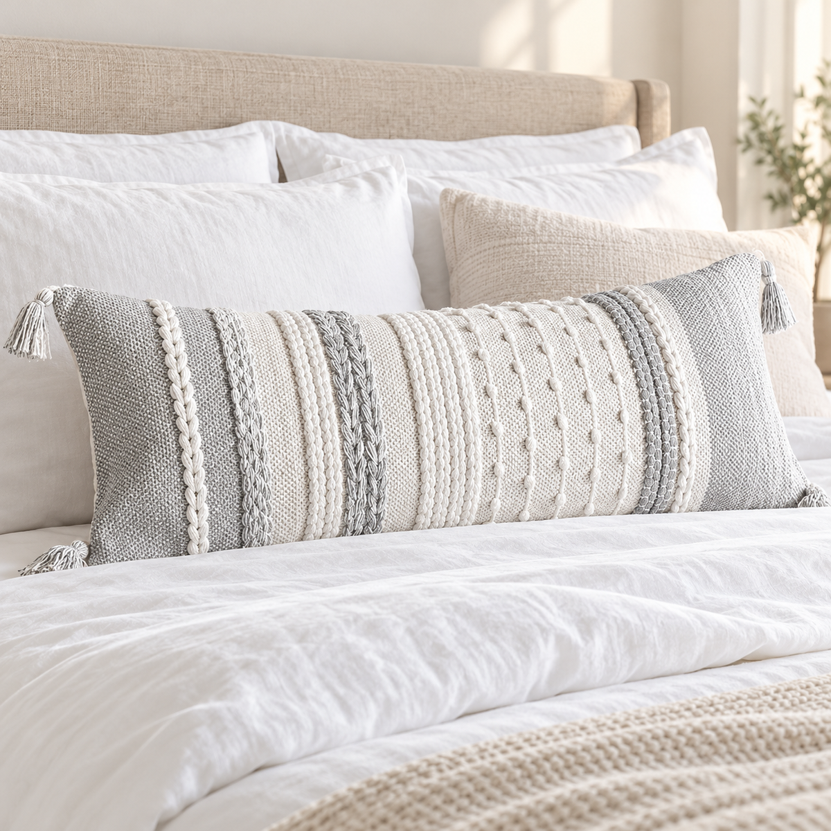 Gray and white 36x14 inch long lumbar pillow cover with vertical woven details styled on a white bed against a beige headboard.
