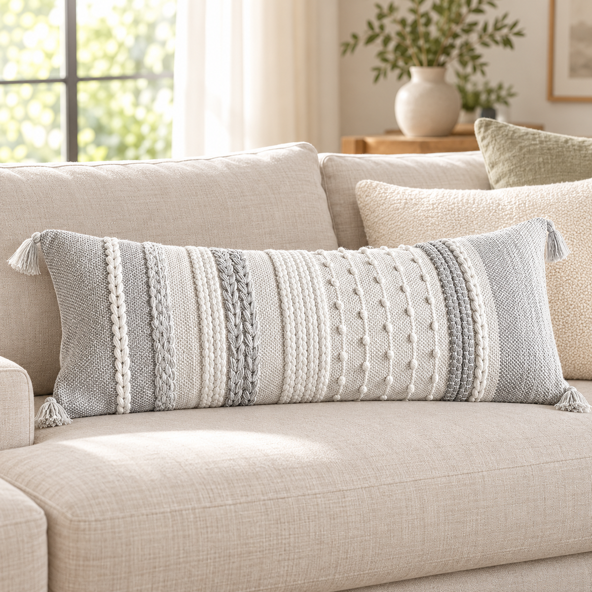 Gray and white 36x14 inch lumbar pillow cover with vertical textured stripes, braids, and corner tassels on an oatmeal linen sofa.