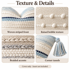 Material detail infographic showing close-ups of the woven front fabric, raised bobbles, braided trim, and corner tassels.