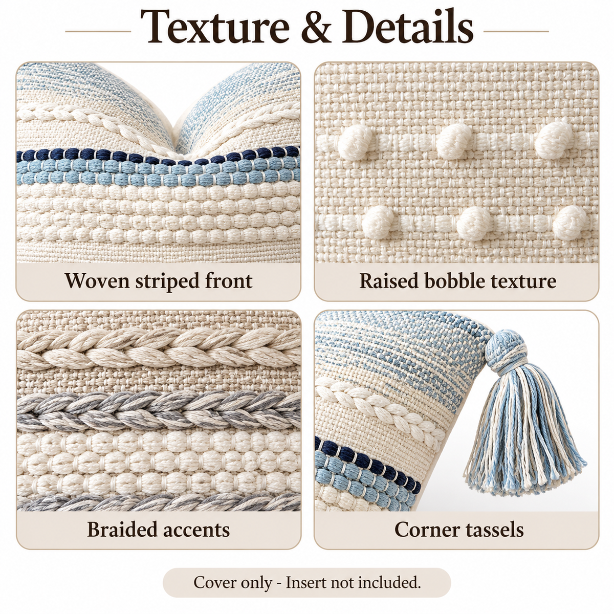 Material detail infographic showing close-ups of the woven front fabric, raised bobbles, braided trim, and corner tassels.