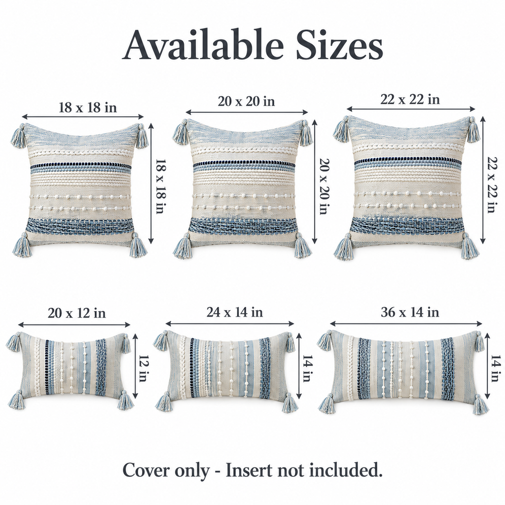 White-background size guide diagram displaying dimensions for 18x18, 20x20, 22x22, 20x12, 24x14, and 36x14 inch pillow covers.