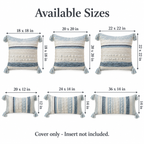 White-background size guide diagram displaying dimensions for 18x18, 20x20, 22x22, 20x12, 24x14, and 36x14 inch pillow covers.