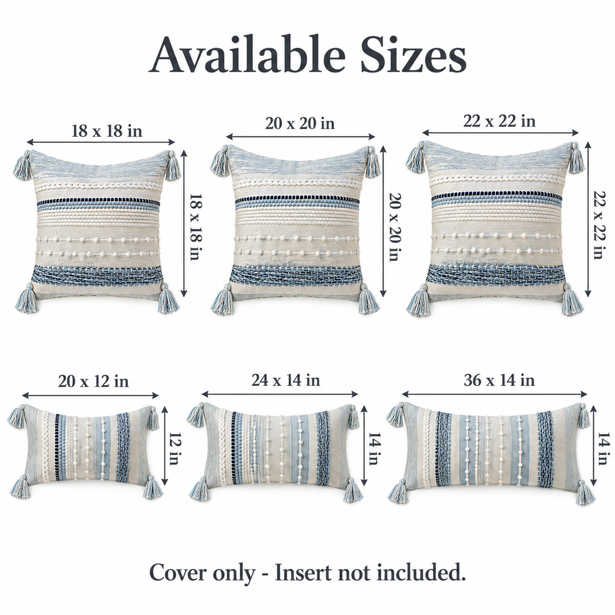 White-background size guide diagram displaying dimensions for 18x18, 20x20, 22x22, 20x12, 24x14, and 36x14 inch pillow covers.